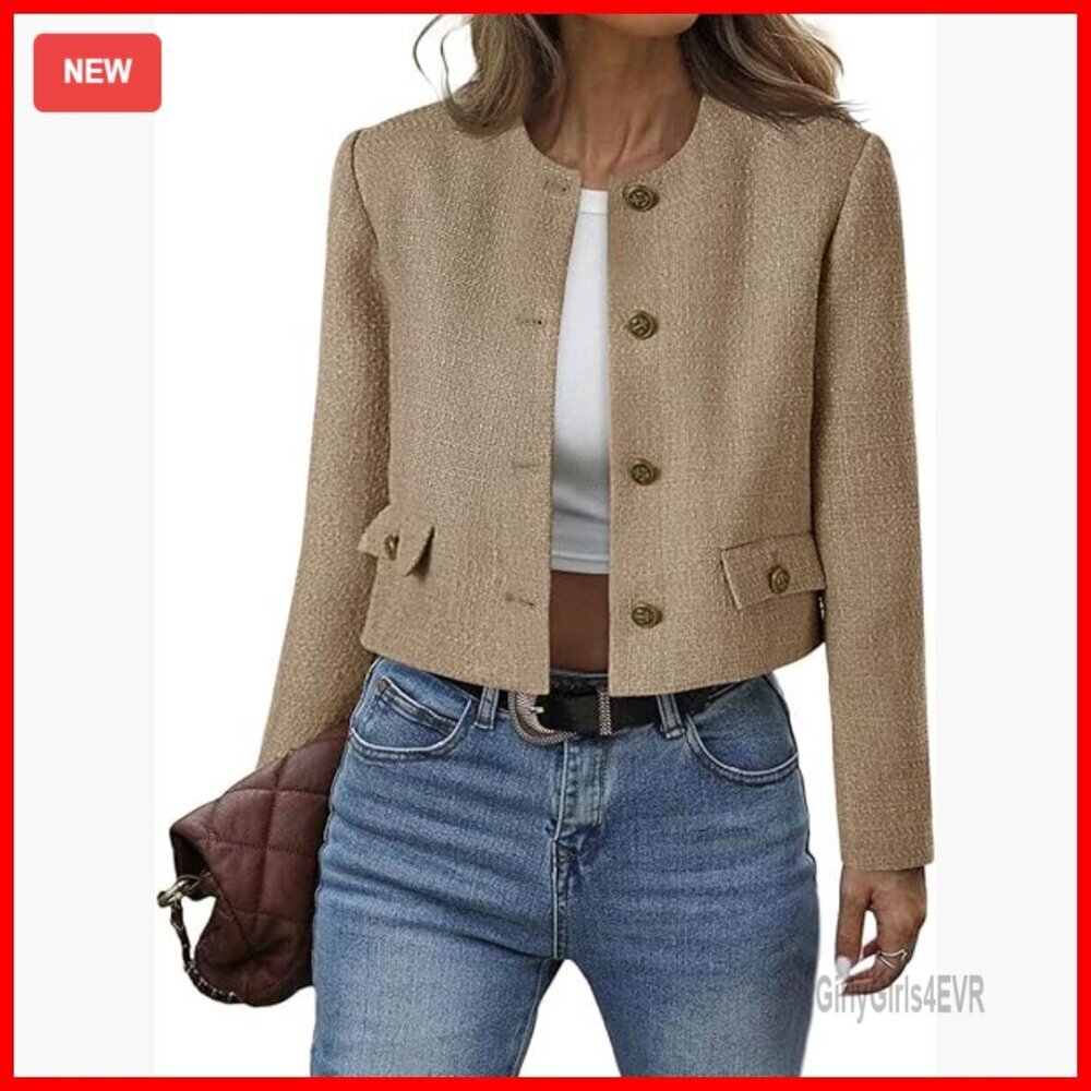 Cropped Tweed Blazer Collarless Button Down Bomber Jacket Business Casual